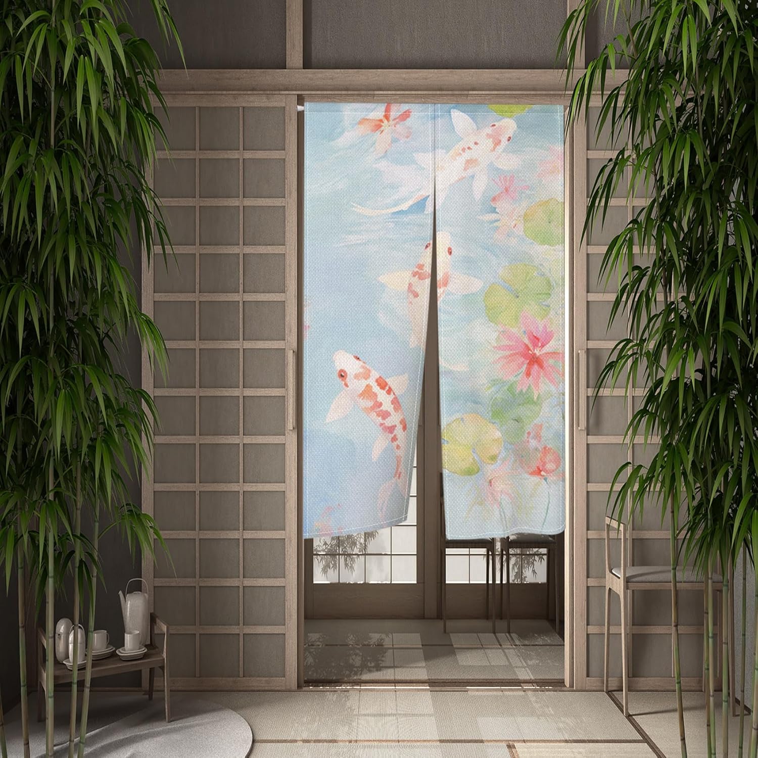 Japanese Noren Door Curtain with Lotus and Koi Fish Design