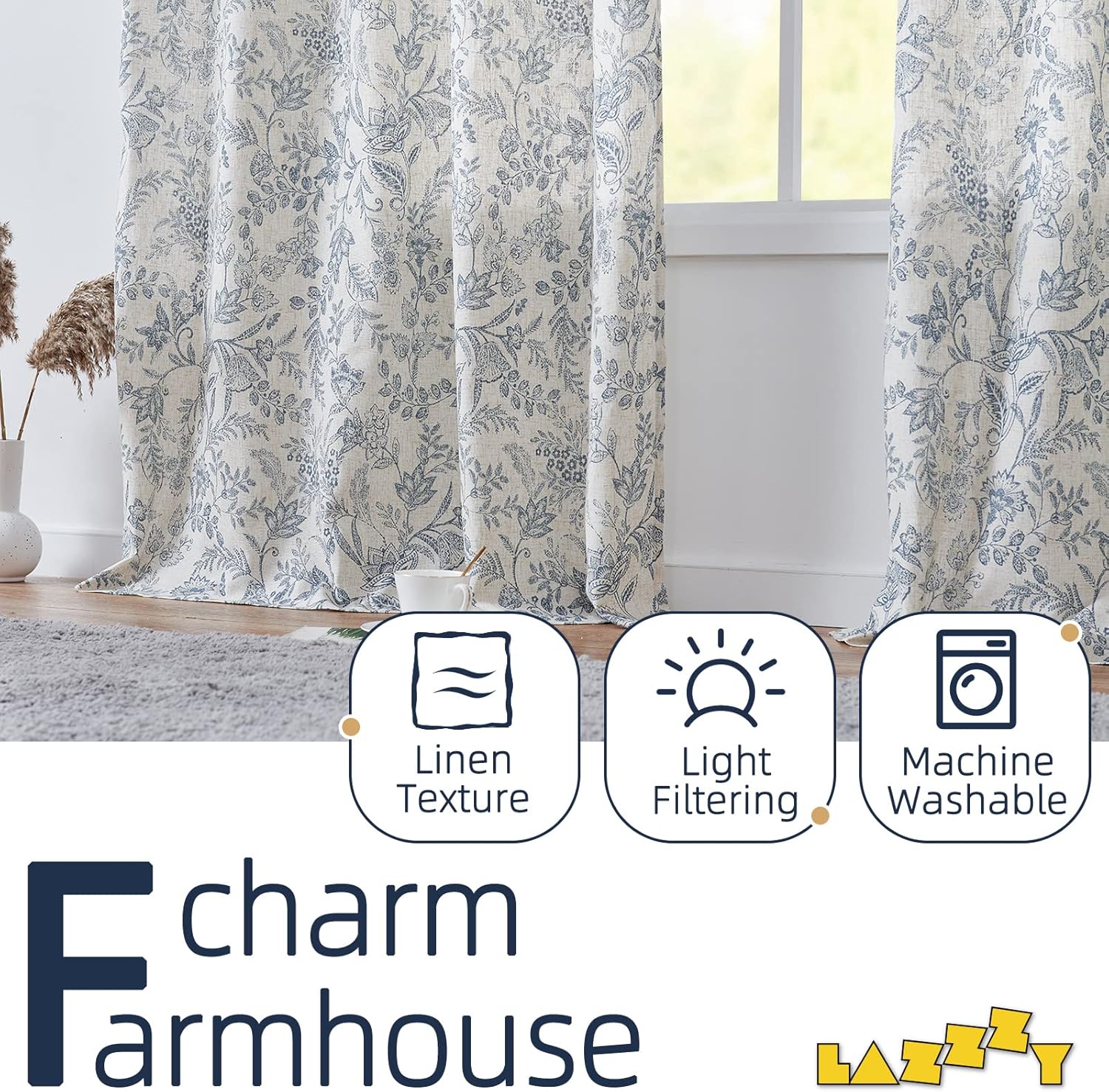 Lazzzy Linen Curtains Farmhouse Blue Floral Print 2 Panels Set