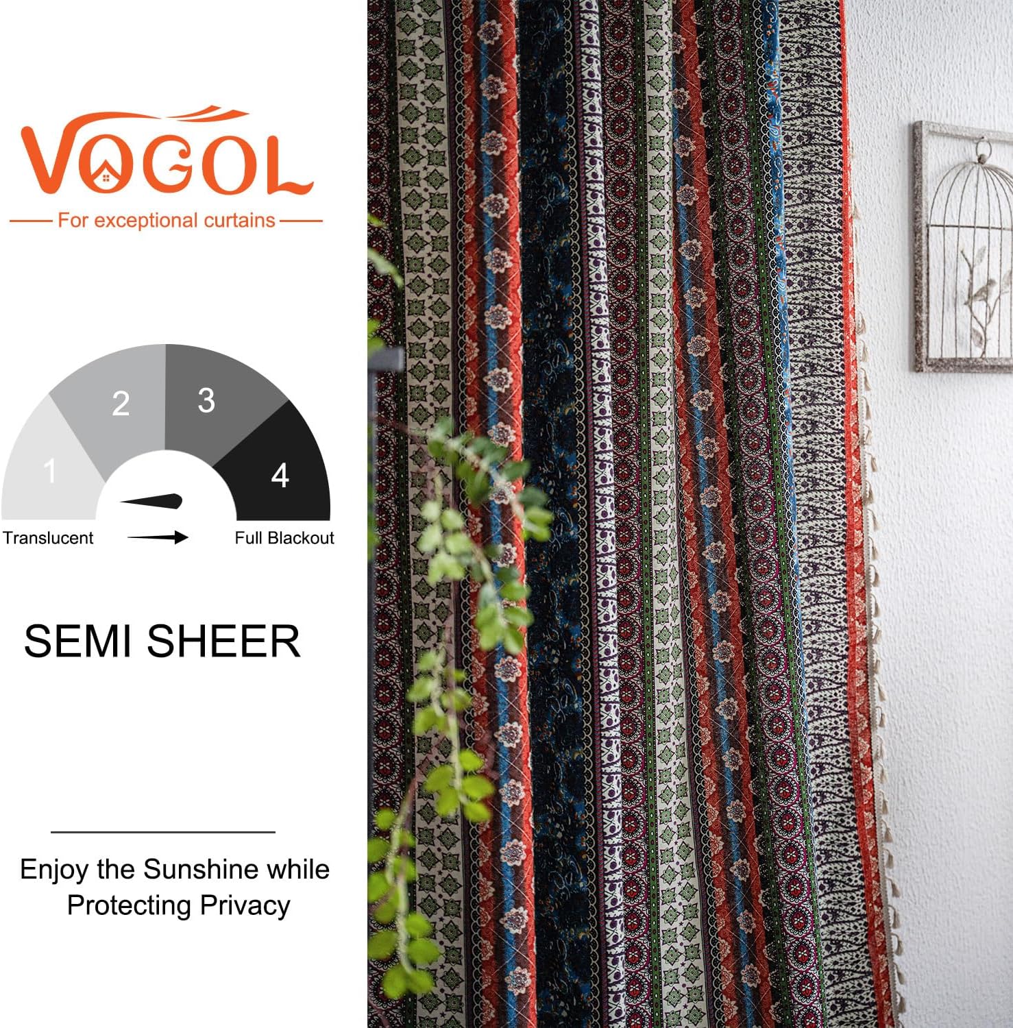 VOGOL Linen Textured Boho Curtains Red Strips 28x84