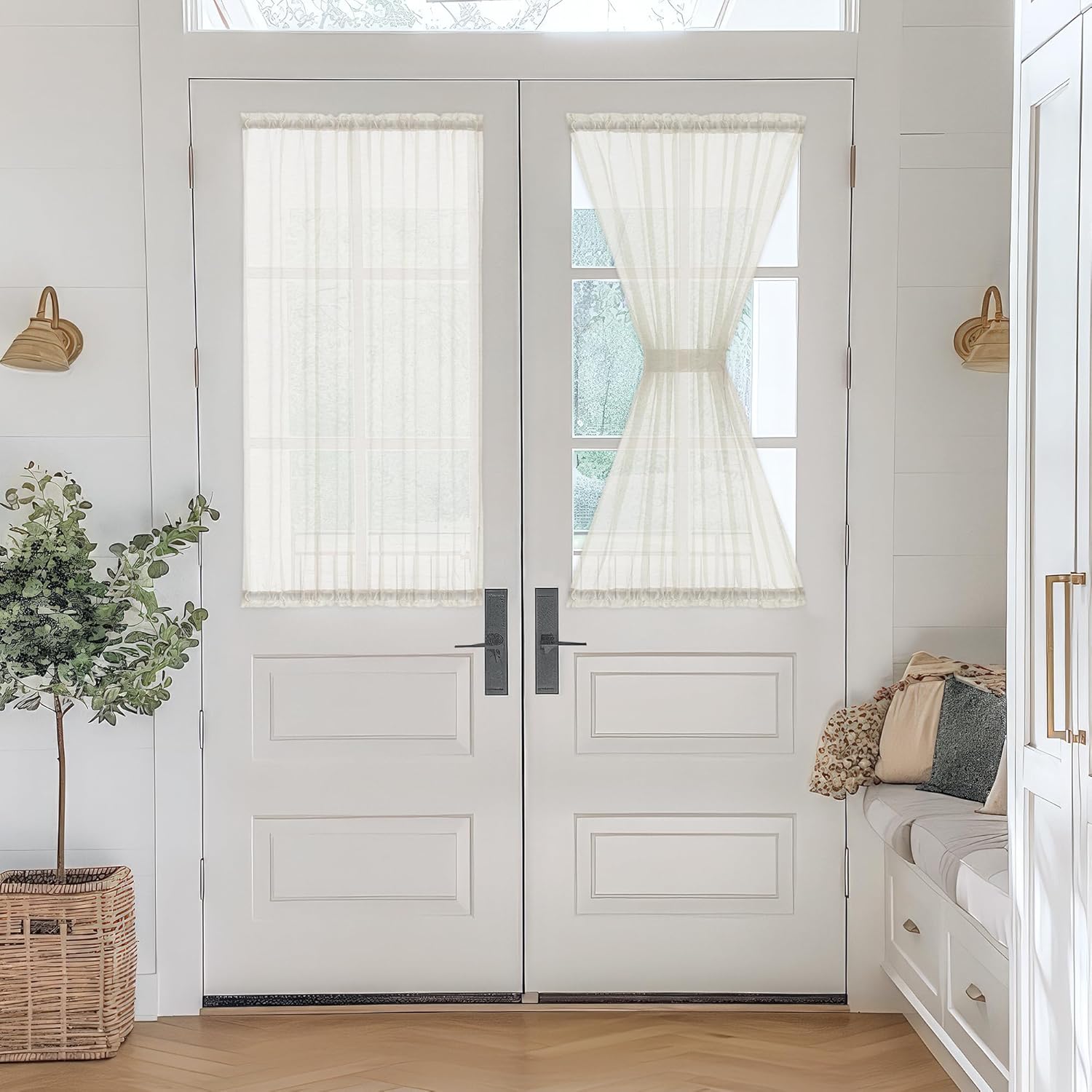 Linen French Door Curtains 2 Panels Set 52x40 Natural Flax Blend