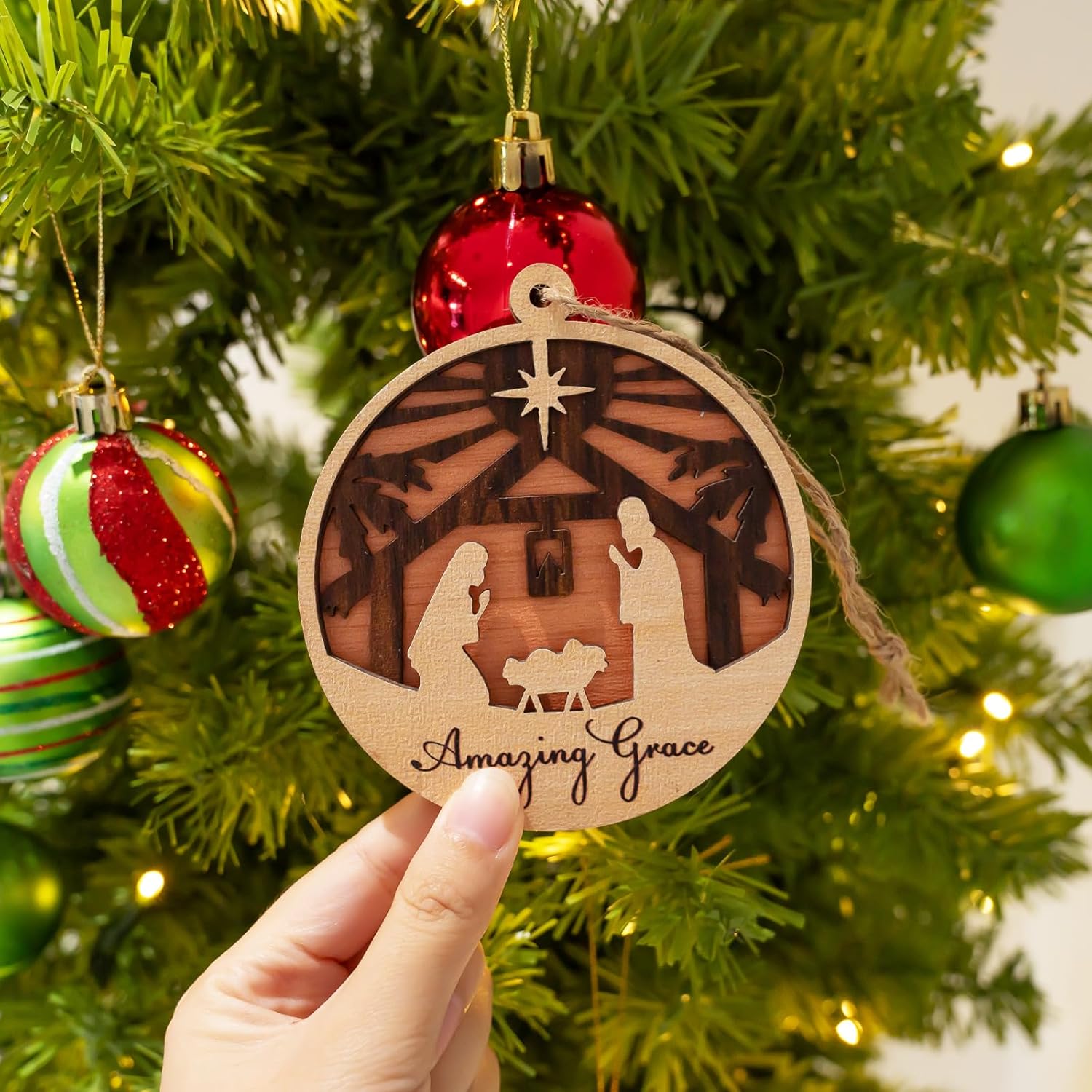 6 Pack Wooden Christmas Ornaments Set with Nativity Scene Decorations