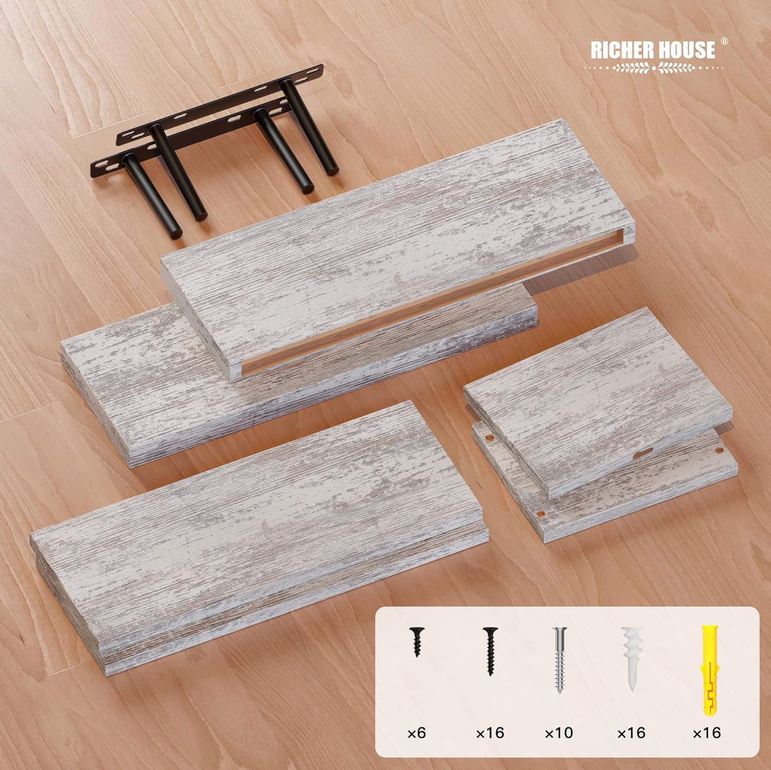RICHER HOUSE Floating Shelves Set of 3 Rustic White