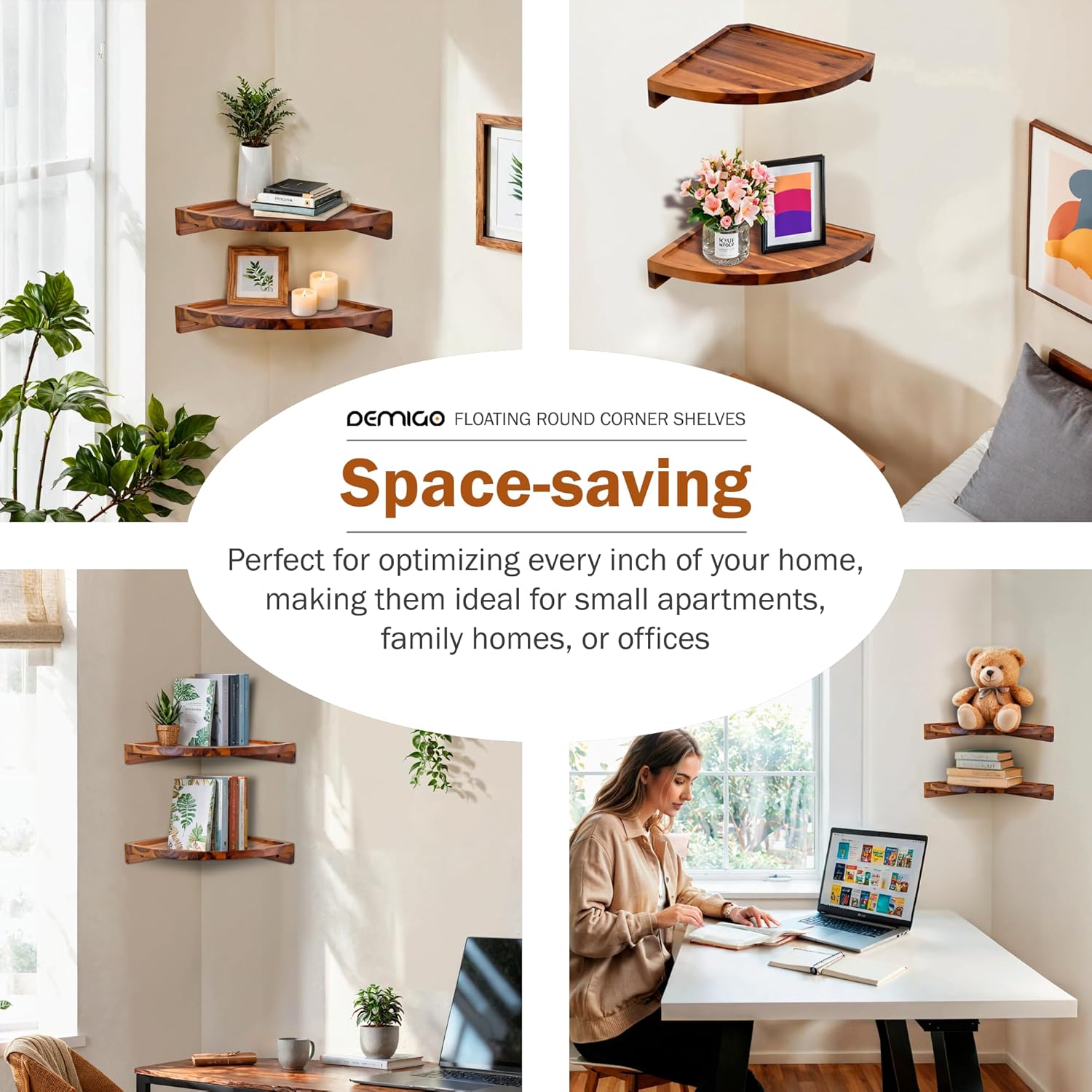 Demigo Floating Round Corner Shelves 2pcs Natural Brown
