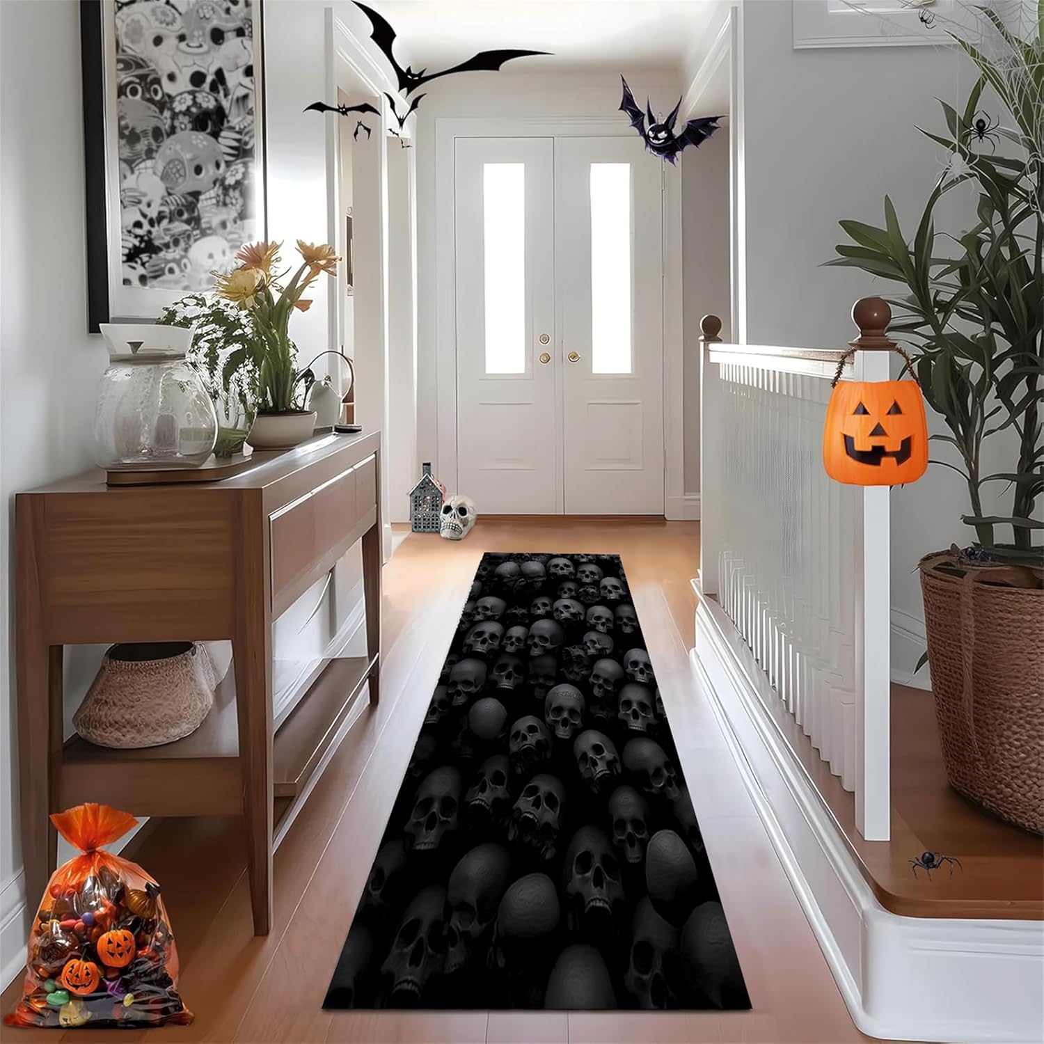 Halloween Black Skull Runner Rug 26x7ft