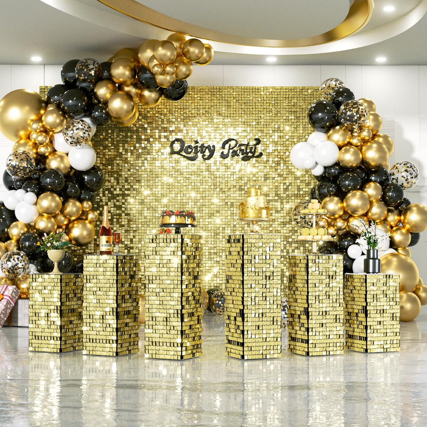 Qcity Light Gold Shimmer Pedestal Stand Set of 3