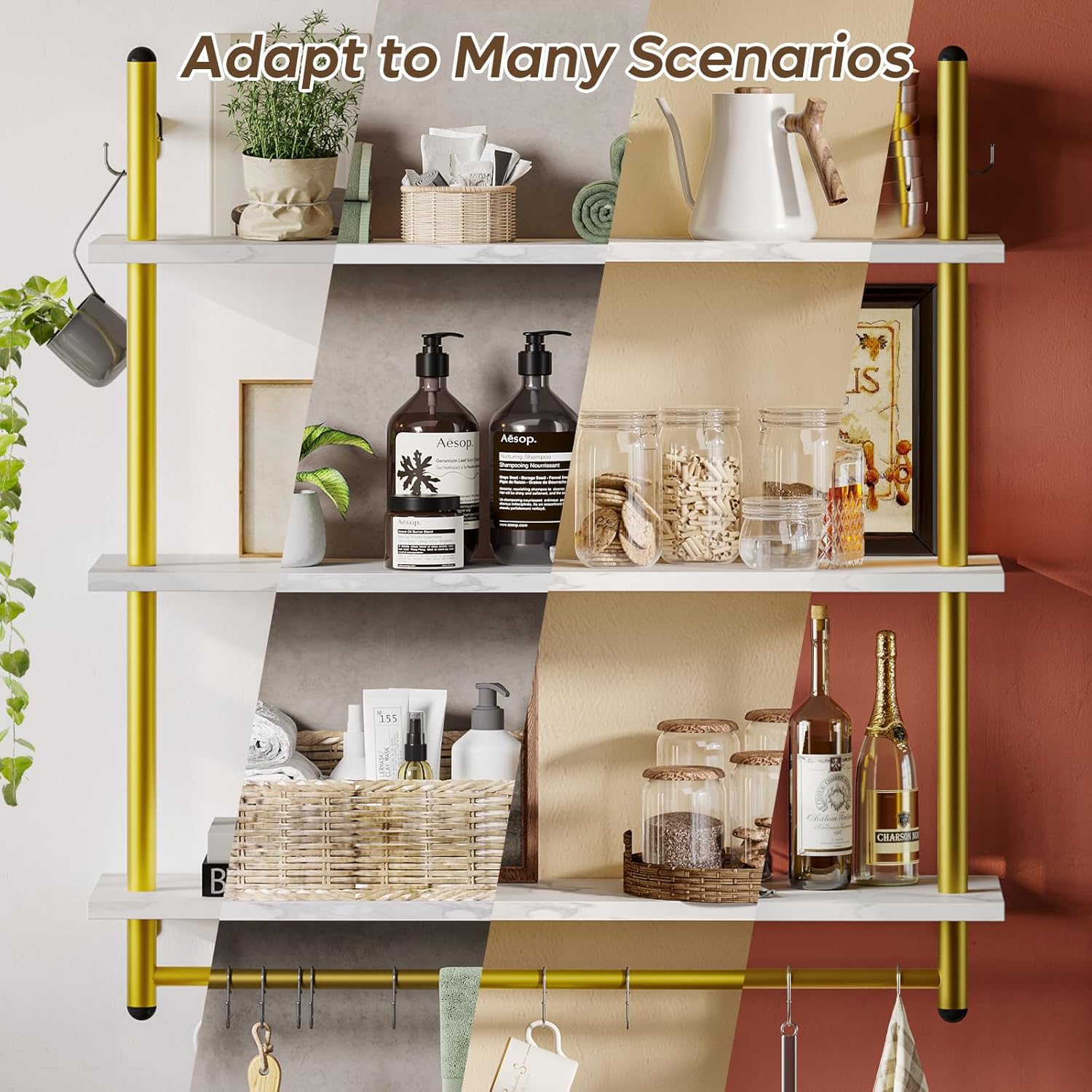 Bestier 31 Inch 3 Tier Floating Wall Shelf with 8 Hooks