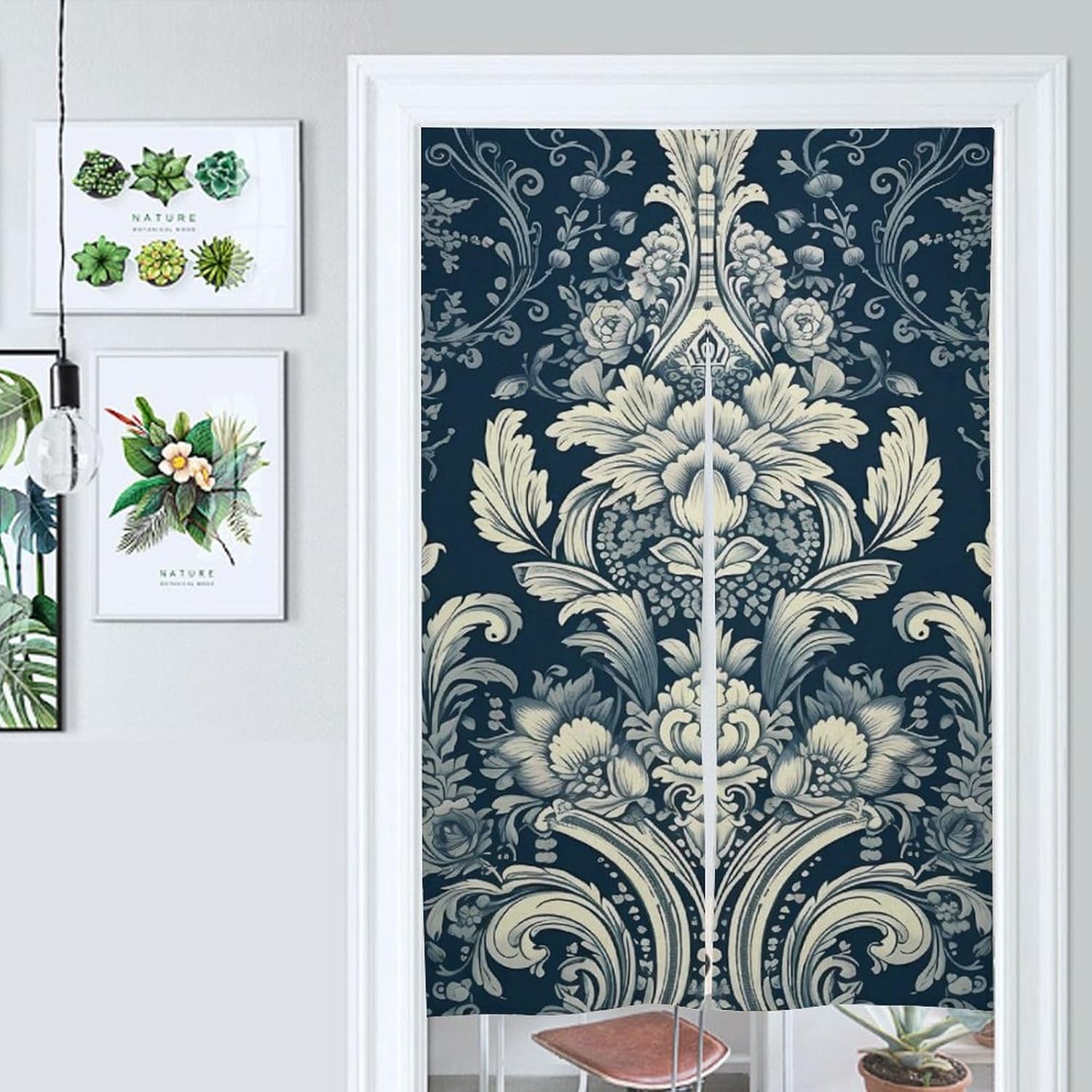 Japanese Noren Pattern Blue Background Door Curtain 34x57 Inch Split Drape