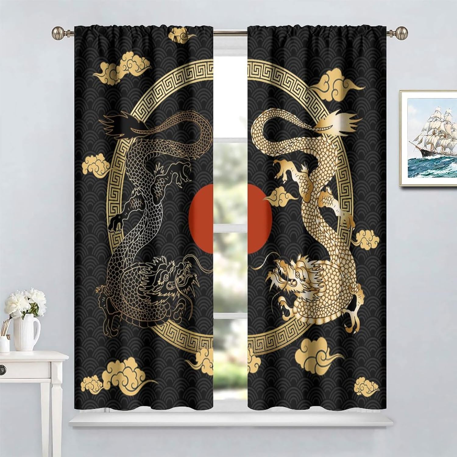 Asian Dragon Window Curtains Blackout 42x63in