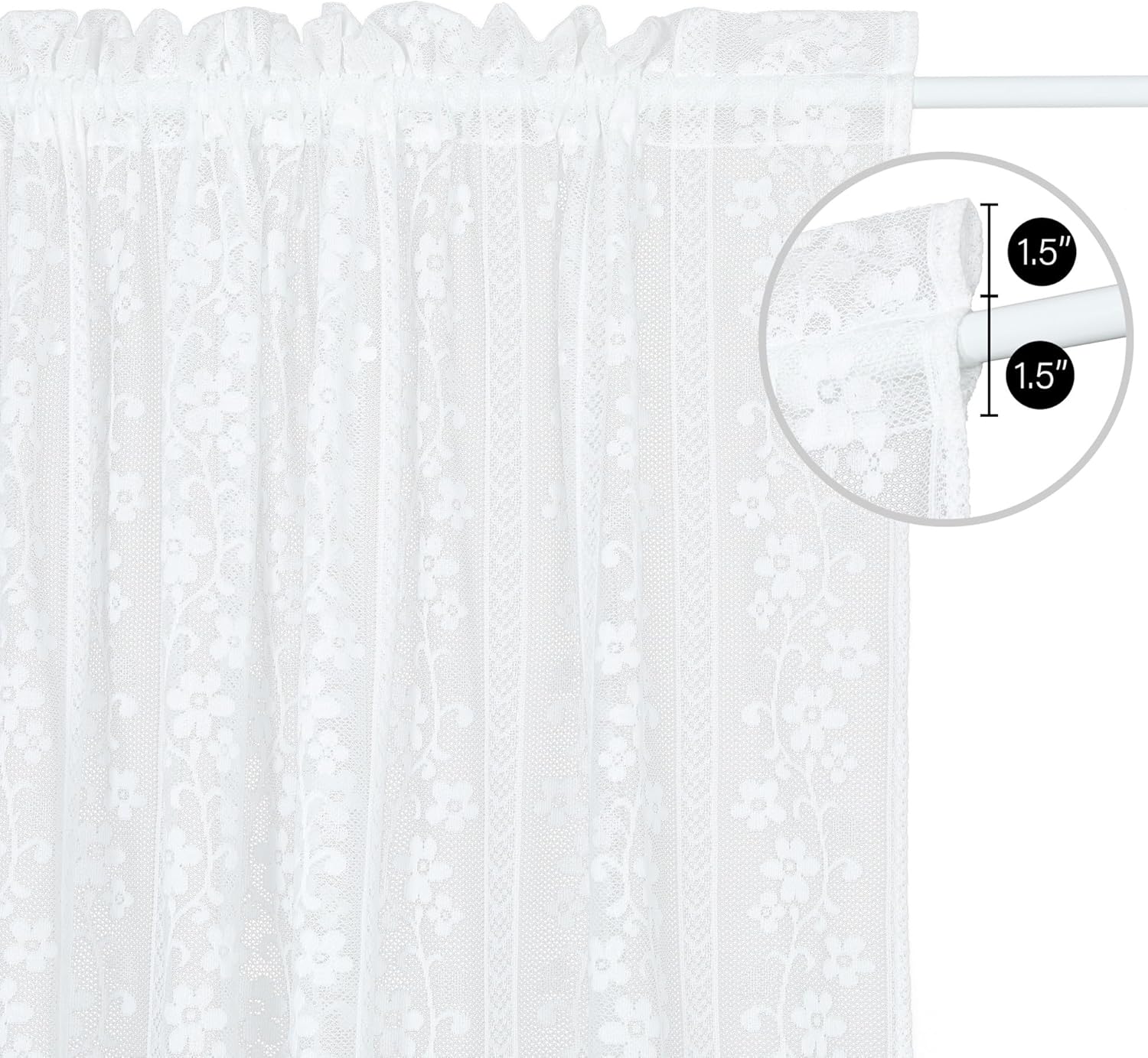 White French Door Curtain with Tieback and Floral Voile Lace