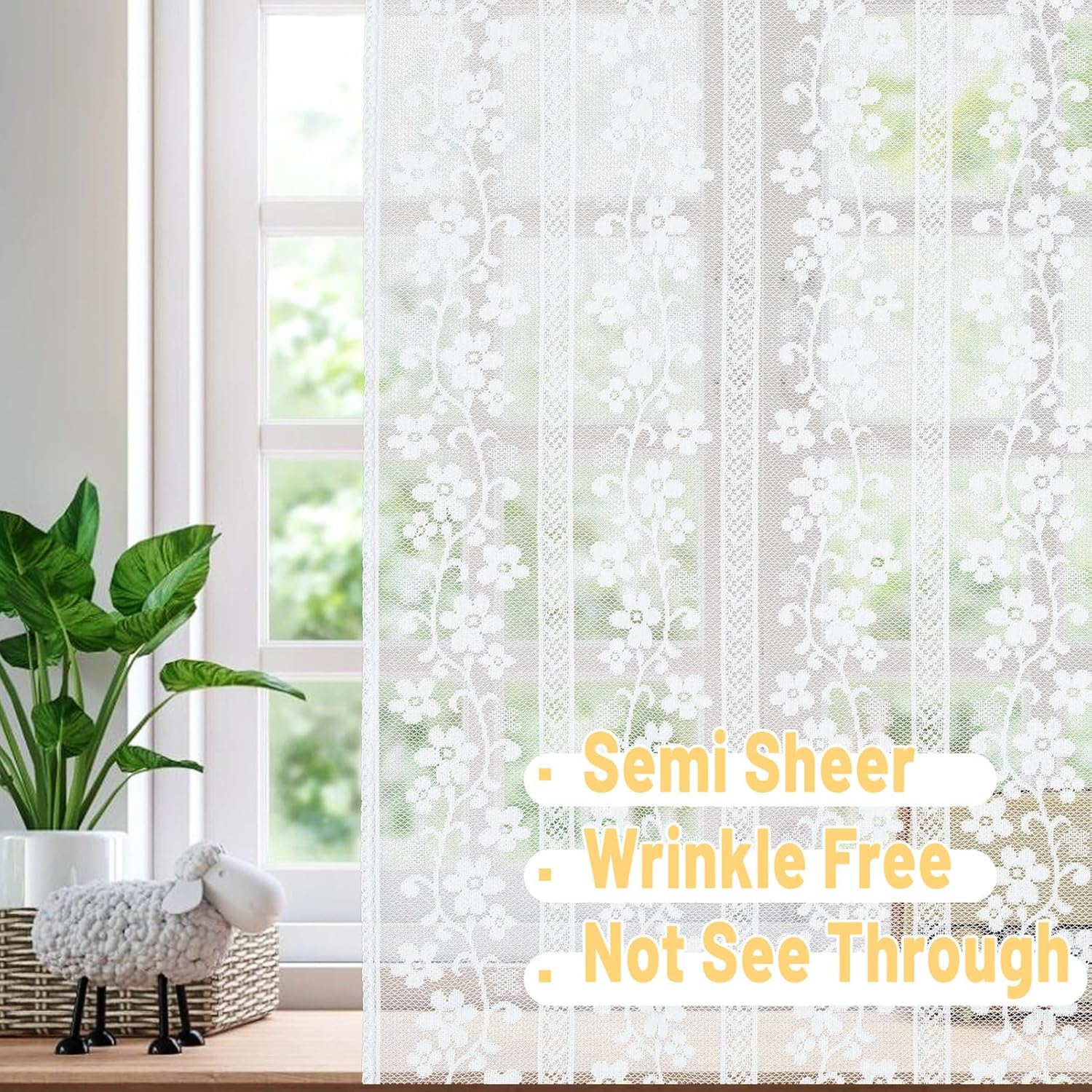 White French Door Curtain with Tieback and Floral Voile Lace