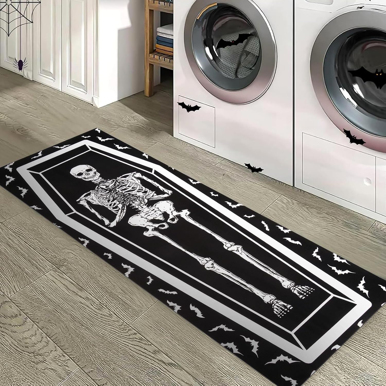 Halloween Coffin Skeleton Bat Runner Rug - Black Non-Slip Washable