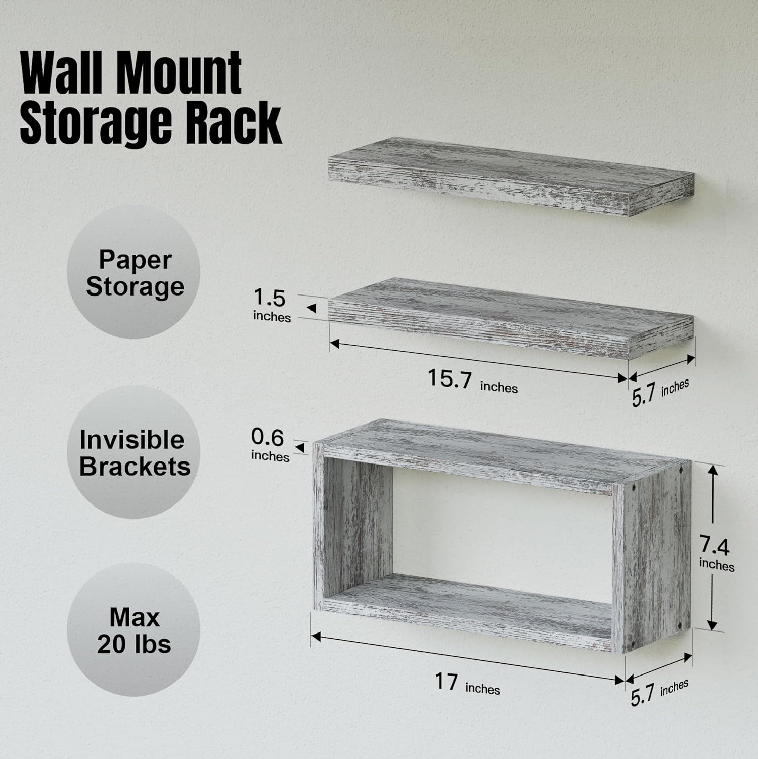 RICHER HOUSE Floating Shelves Set of 3 Rustic White