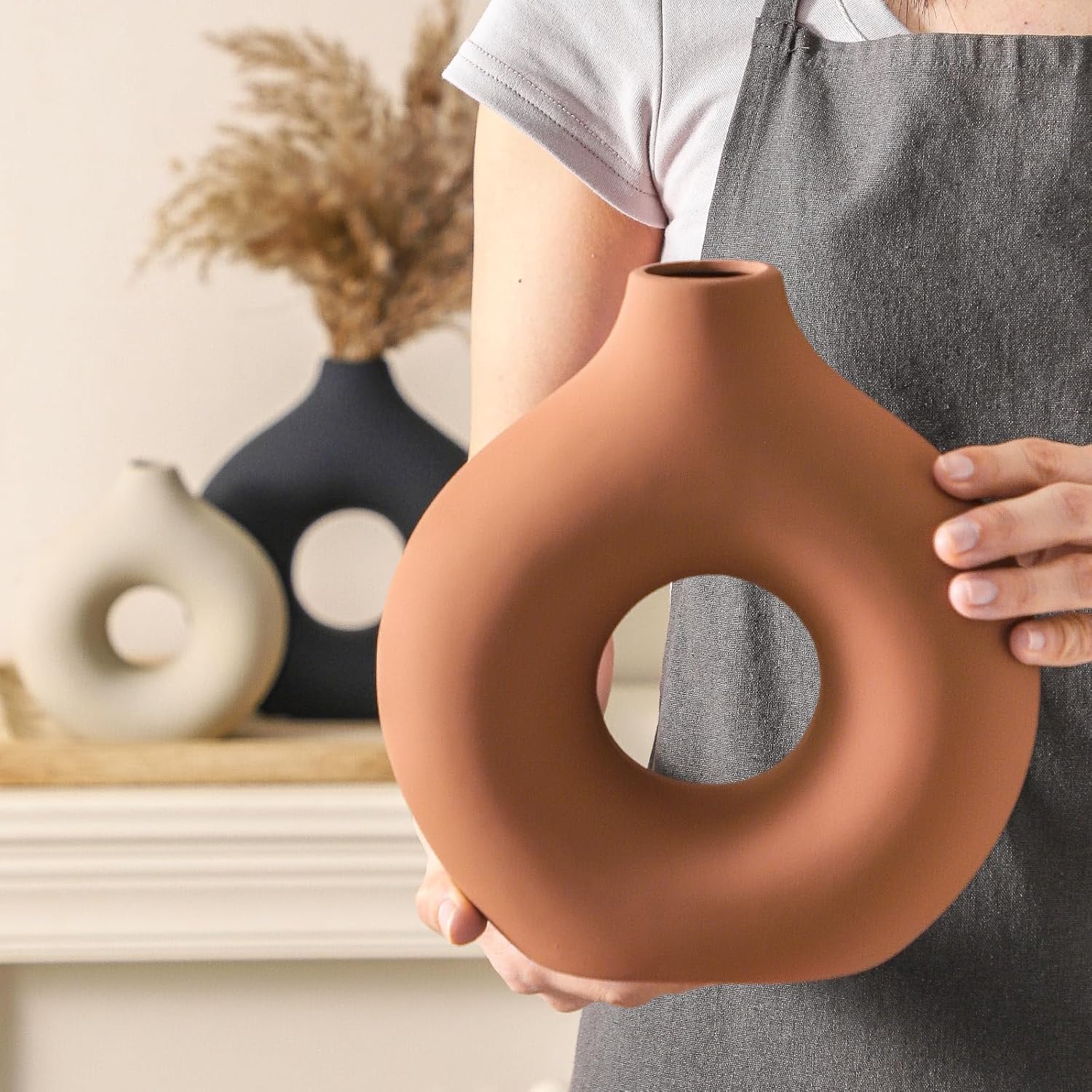 Ceramic Donut Vase Set of 3 Rust
