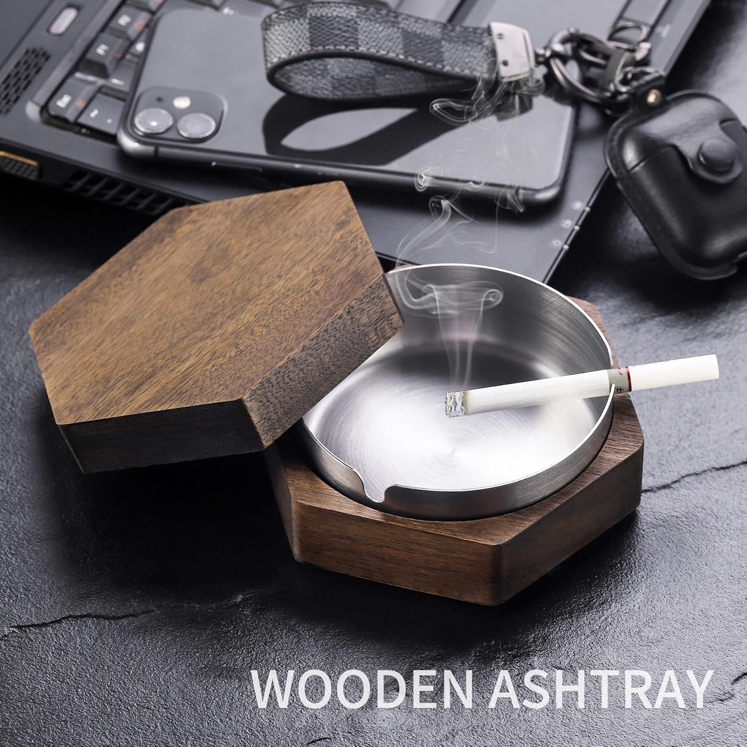 Hexagonal Wooden Ashtray with Stainless Steel Liner Gray