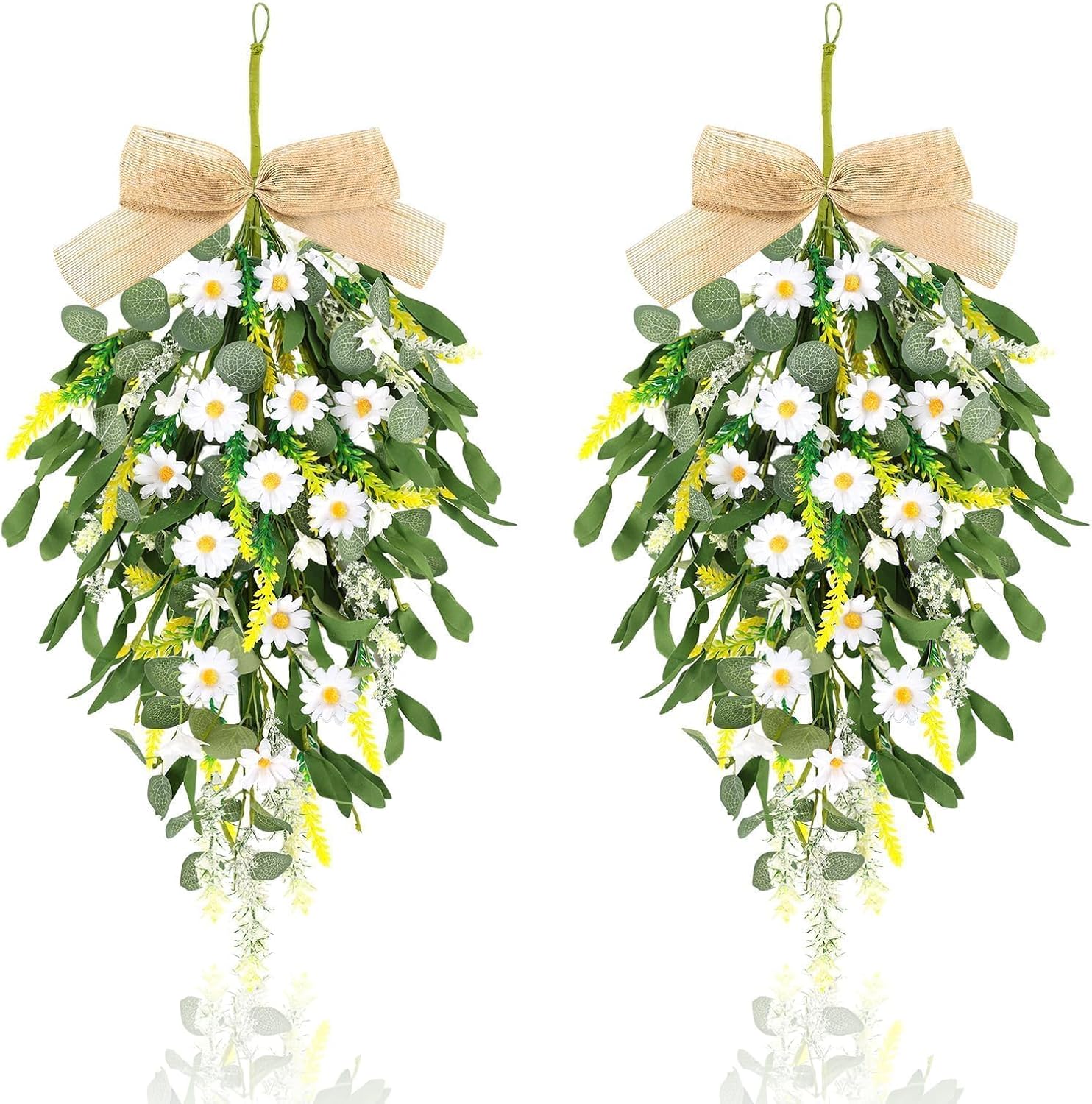 2 Pcs 24 Inch Artificial White Daisy Teardrop Wreath Swag