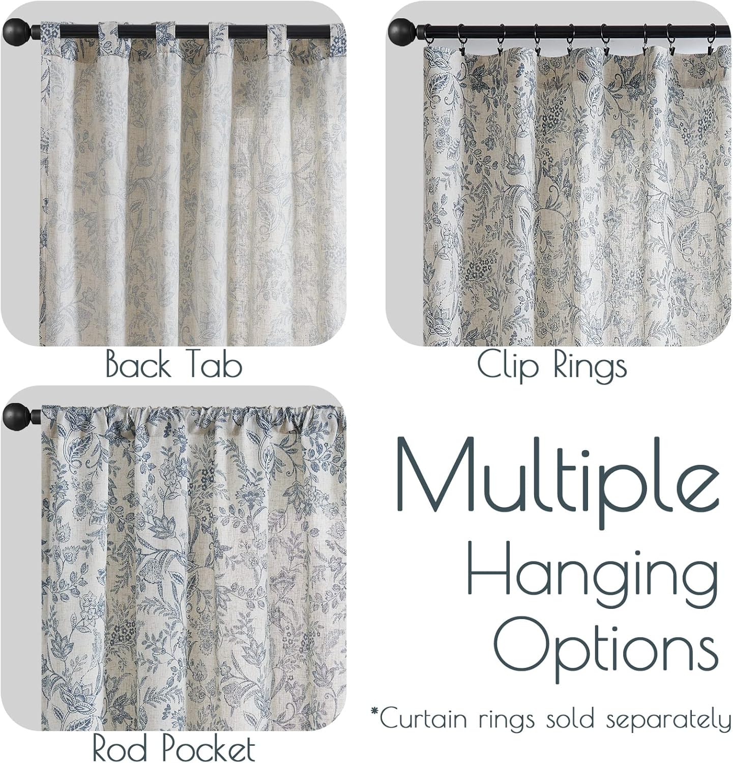 Lazzzy Linen Curtains Farmhouse Blue Floral Print 2 Panels Set