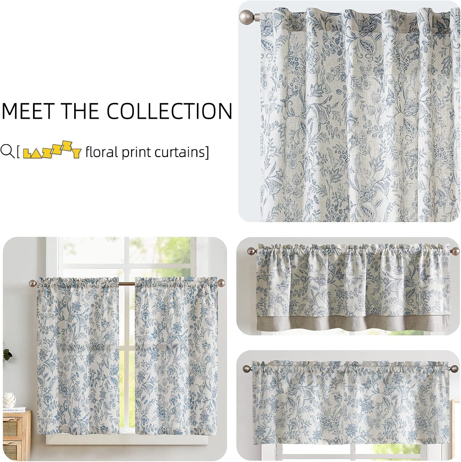 Lazzzy Linen Curtains Farmhouse Blue Floral Print 2 Panels Set