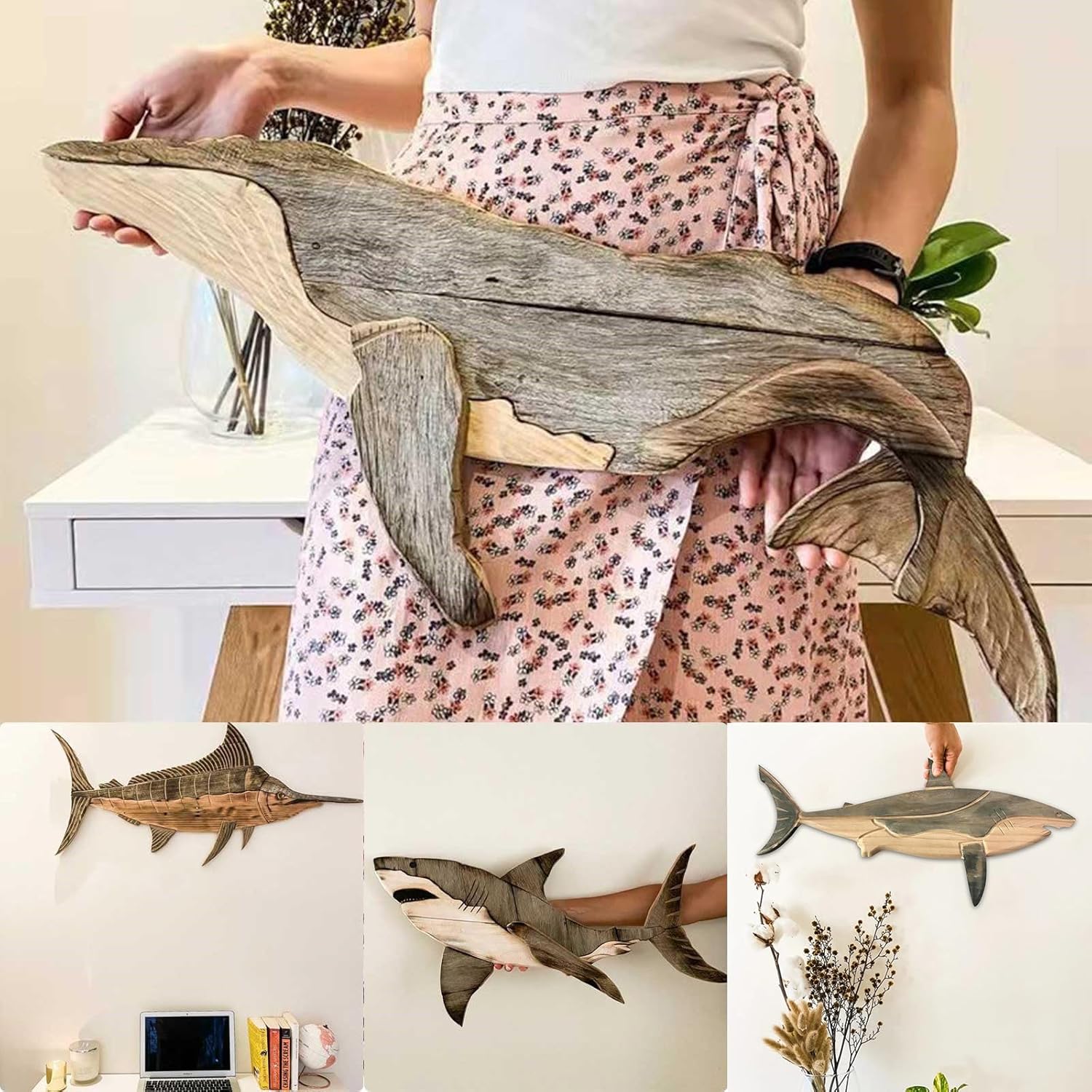 Wood Shark Wall Art Decor for Home Ocean Theme