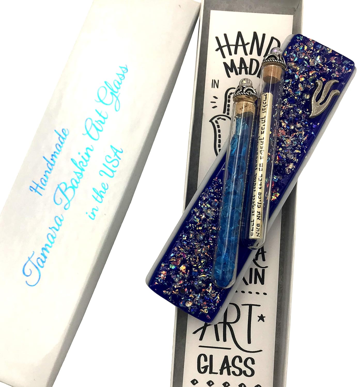 Tamara Baskin Art Glass Sparkling Wedding Mezuzah Blue