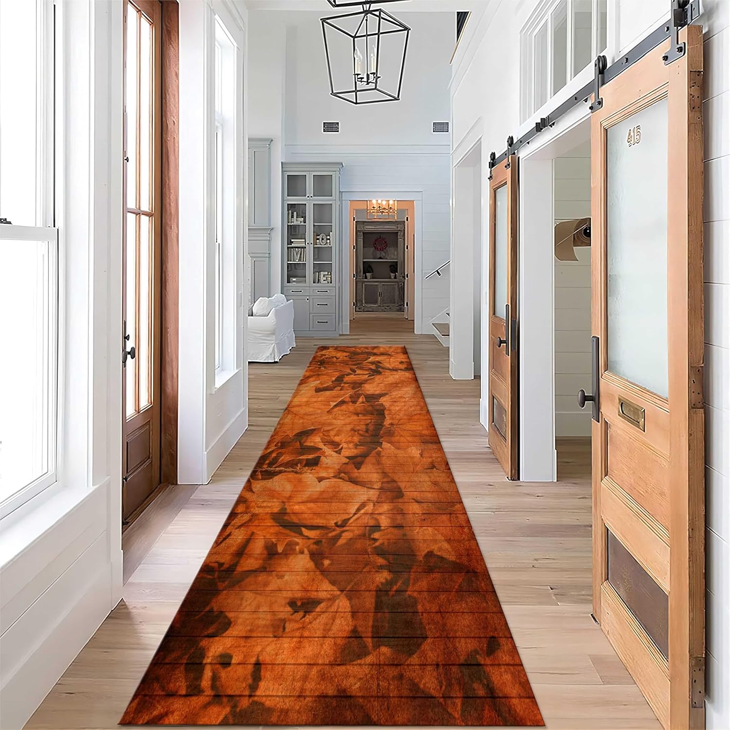 Autumn Leaf Fall Runner Rug 2x7ft Orange Maple Leaf Pattern