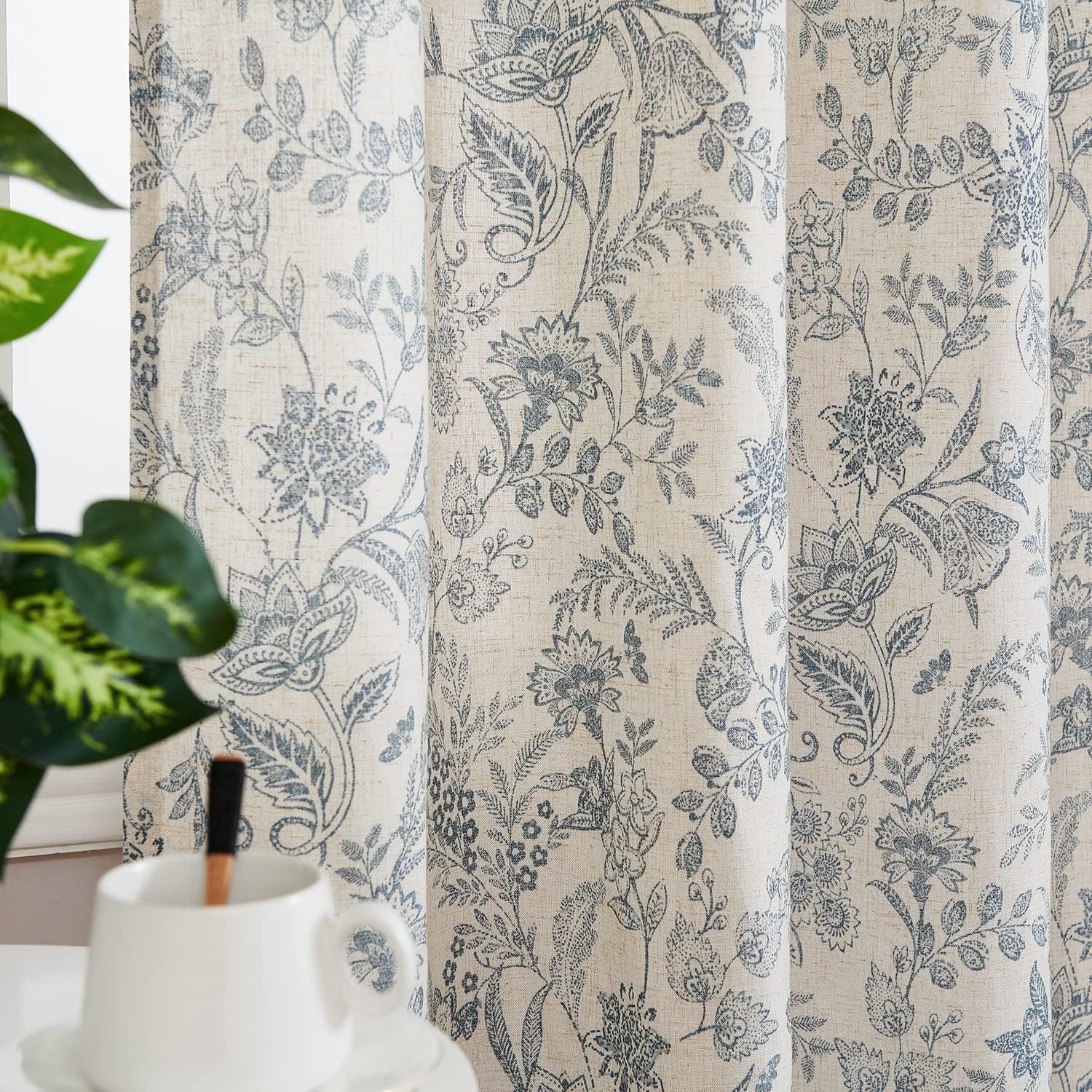 Lazzzy Linen Curtains Farmhouse Blue Floral Print 2 Panels Set