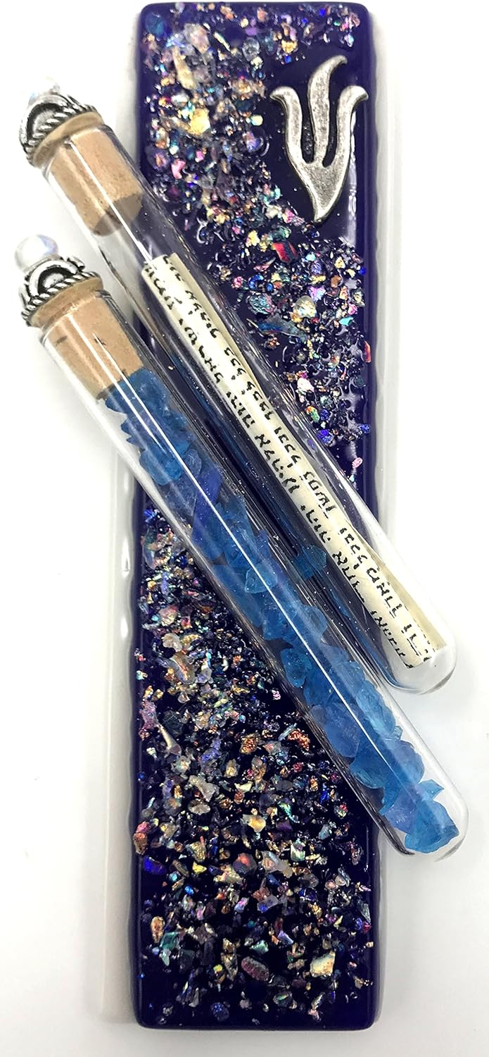 Tamara Baskin Art Glass Sparkling Wedding Mezuzah Blue