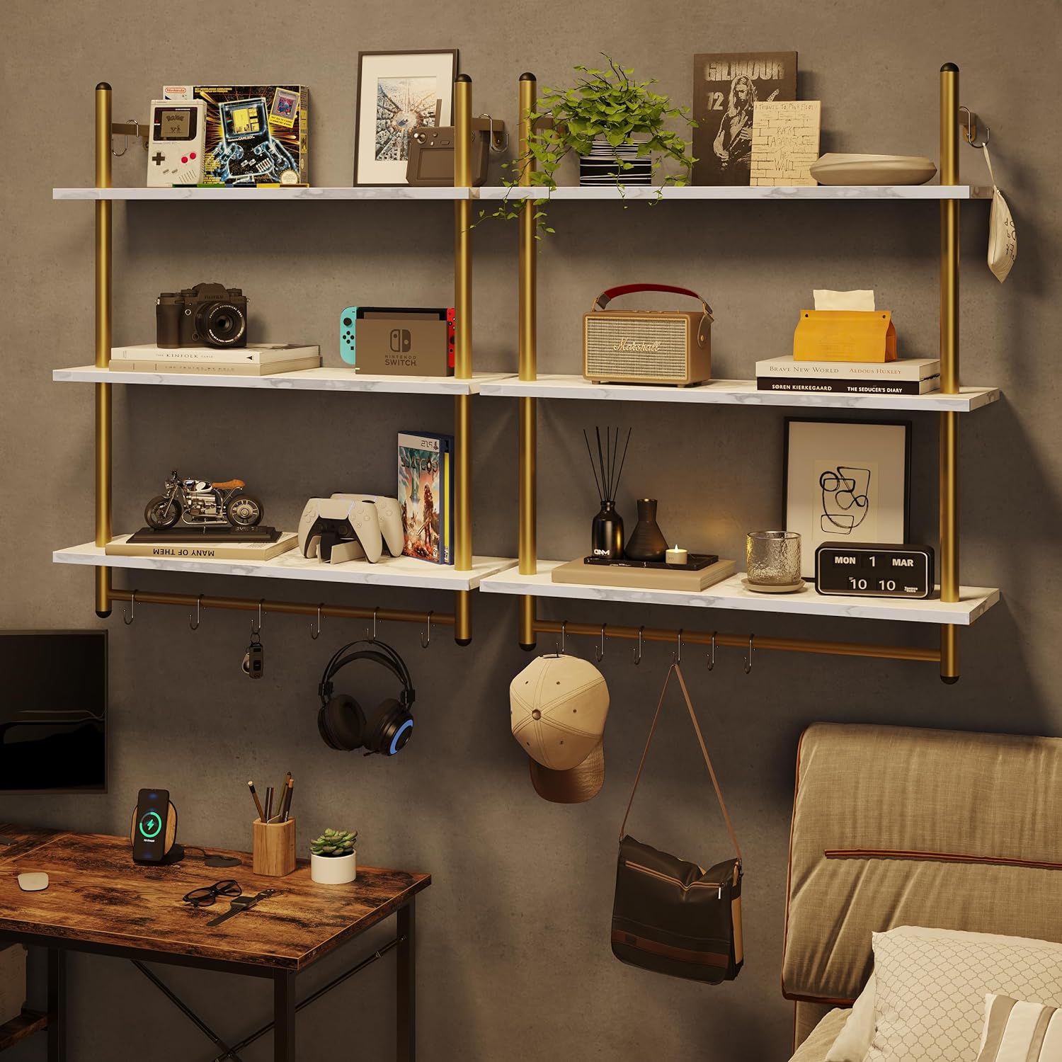 Bestier 31 Inch 3 Tier Floating Wall Shelf with 8 Hooks