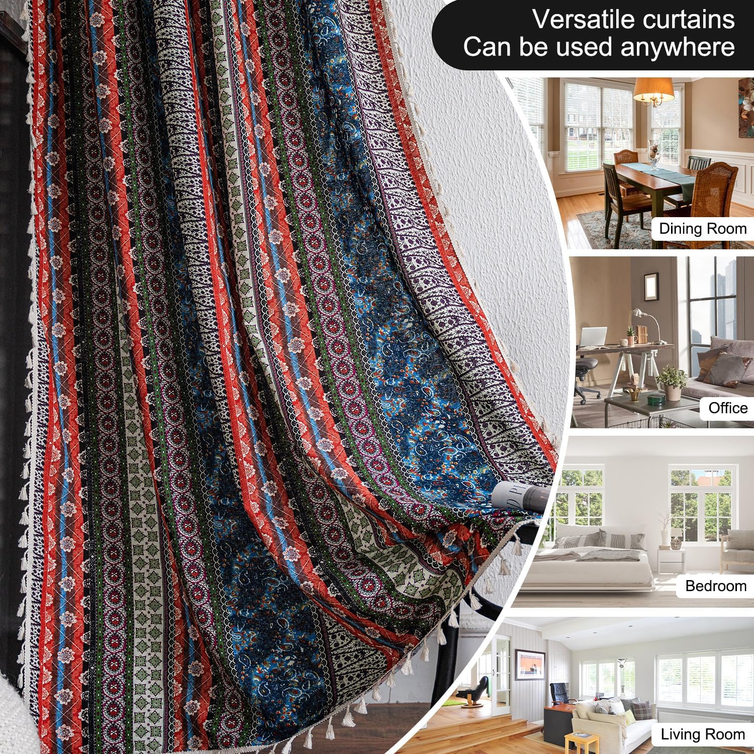 VOGOL Linen Textured Boho Curtains Red Strips 28x84