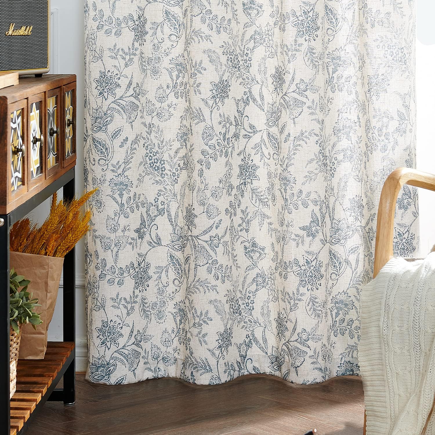 Lazzzy Linen Curtains Farmhouse Blue Floral Print 2 Panels Set