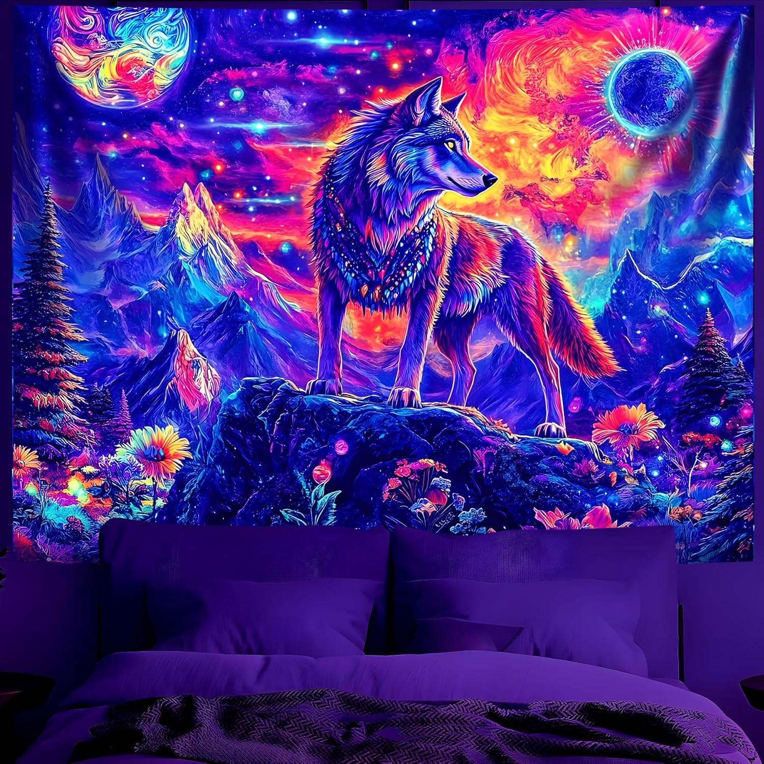 BVBOX Blacklight Wolf Tapestry 79x59 Wall Hanging Decor