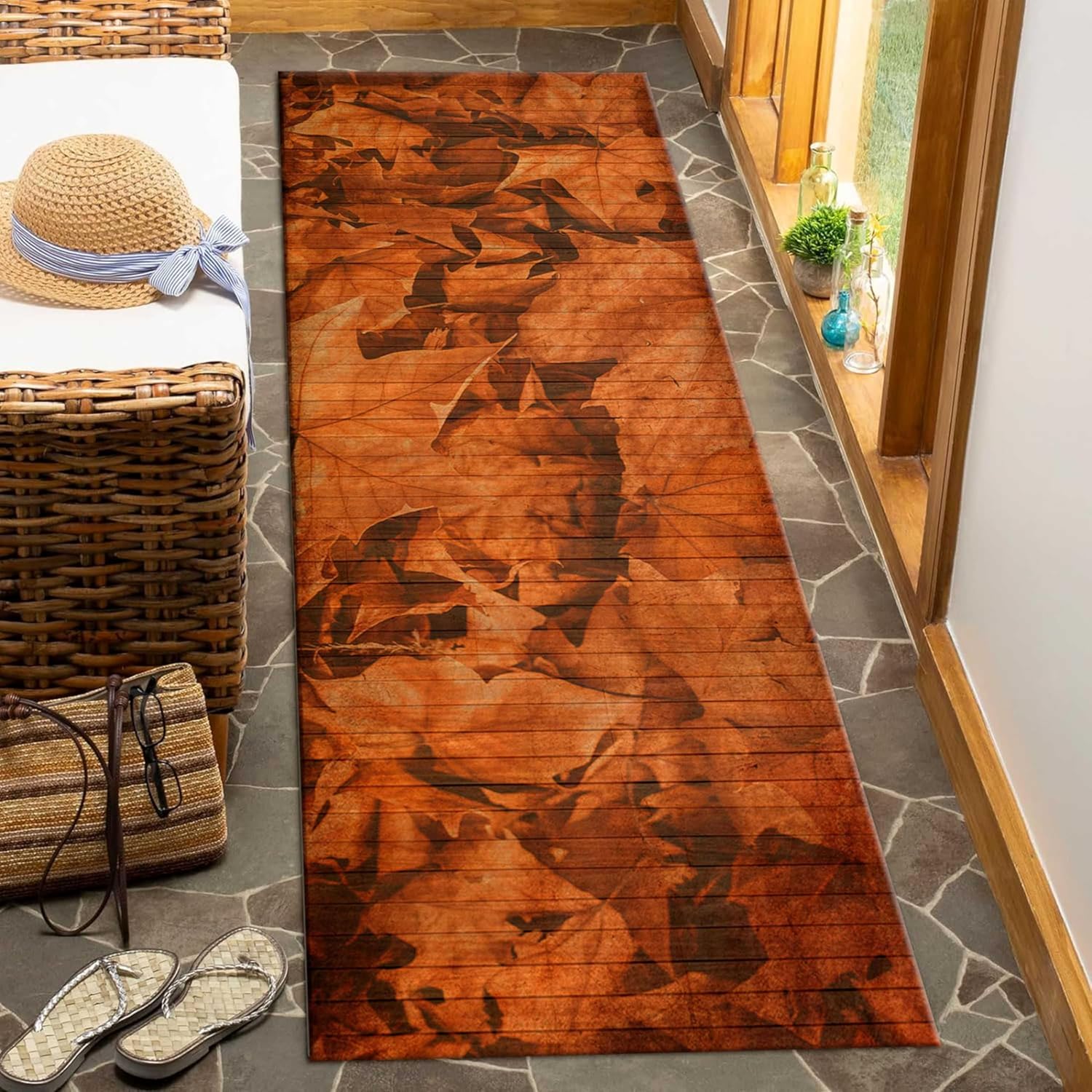 Autumn Leaf Fall Runner Rug 2x7ft Orange Maple Leaf Pattern