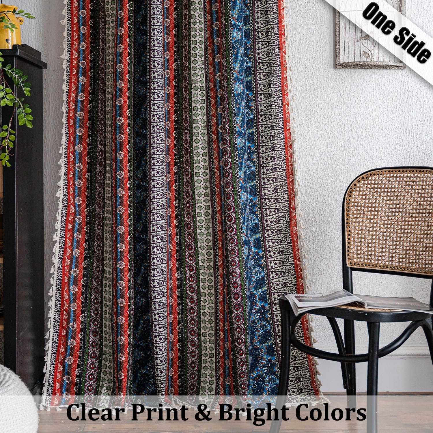 VOGOL Linen Textured Boho Curtains Red Strips 28x84