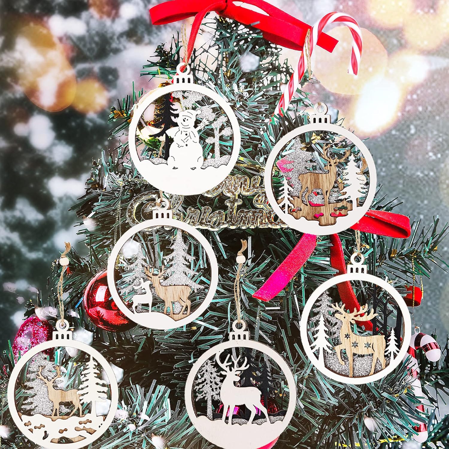 6 Pack Wooden Christmas Ornaments Set with Nativity Scene Decorations