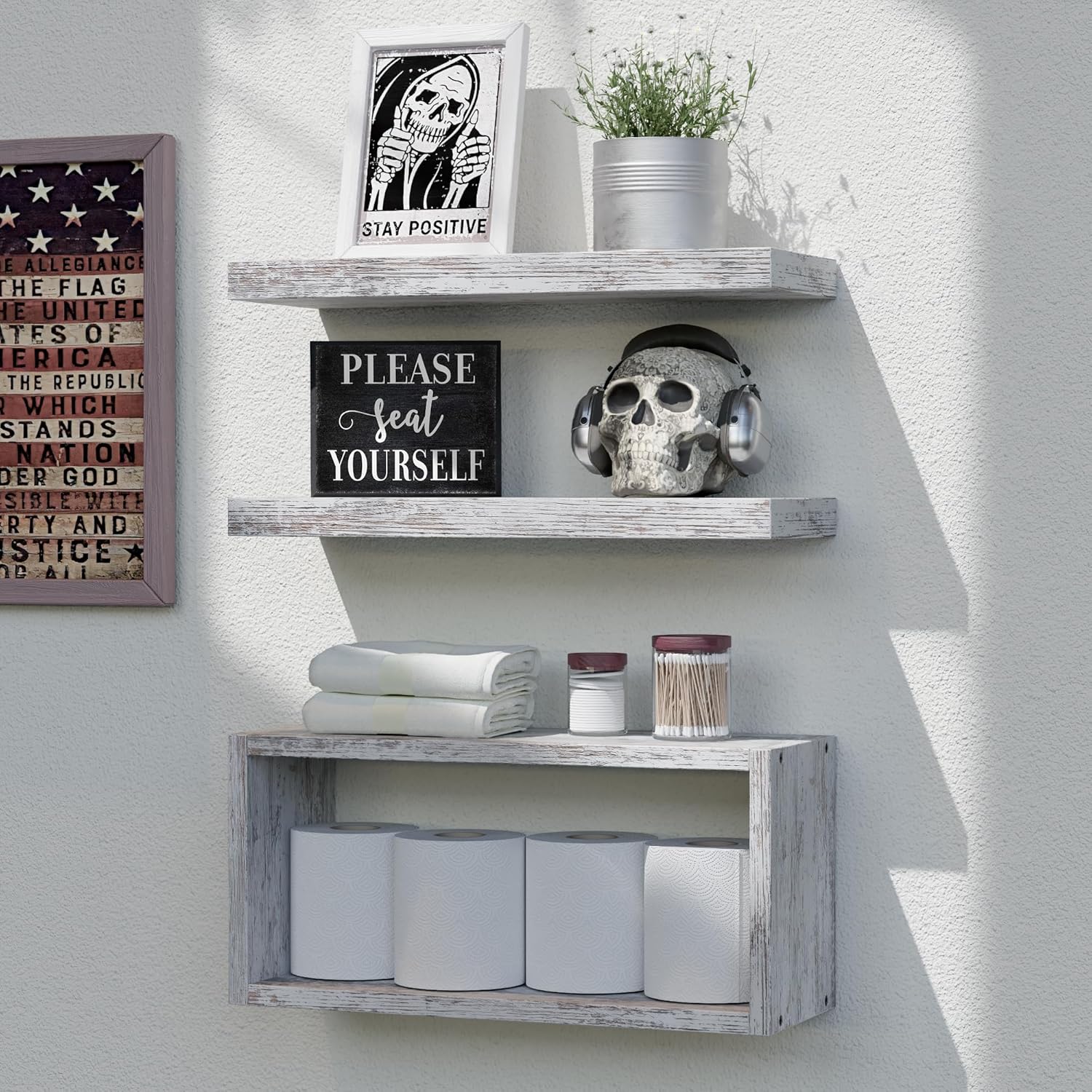 RICHER HOUSE Floating Shelves Set of 3 Rustic White