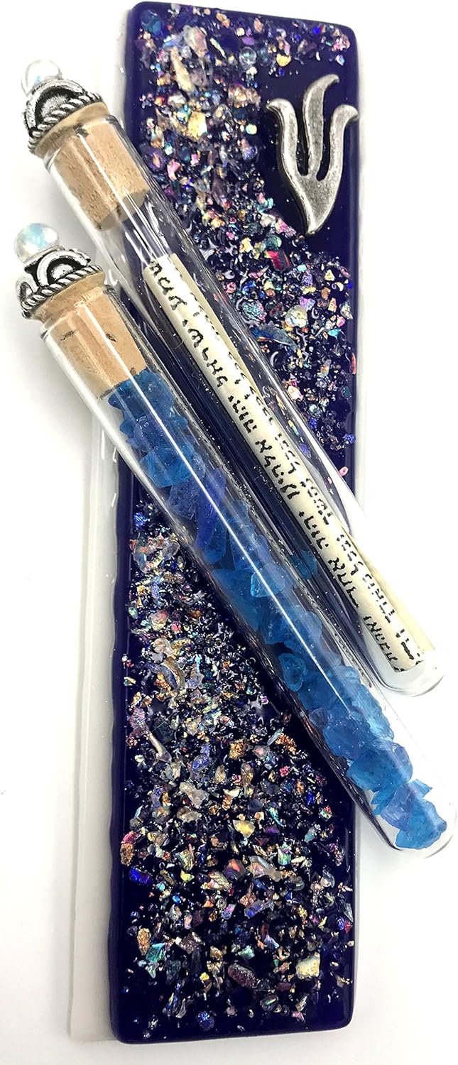 Tamara Baskin Art Glass Sparkling Wedding Mezuzah Blue