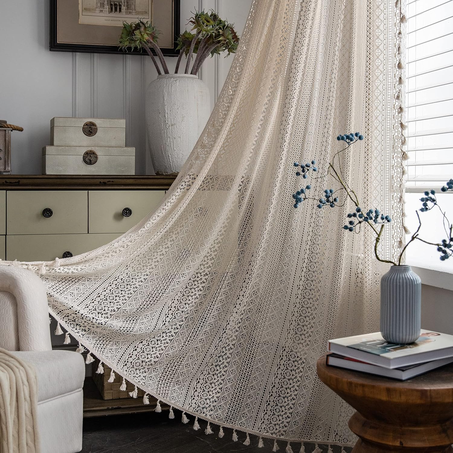 Boho Sheer Lace Curtain with Macrame Tassel